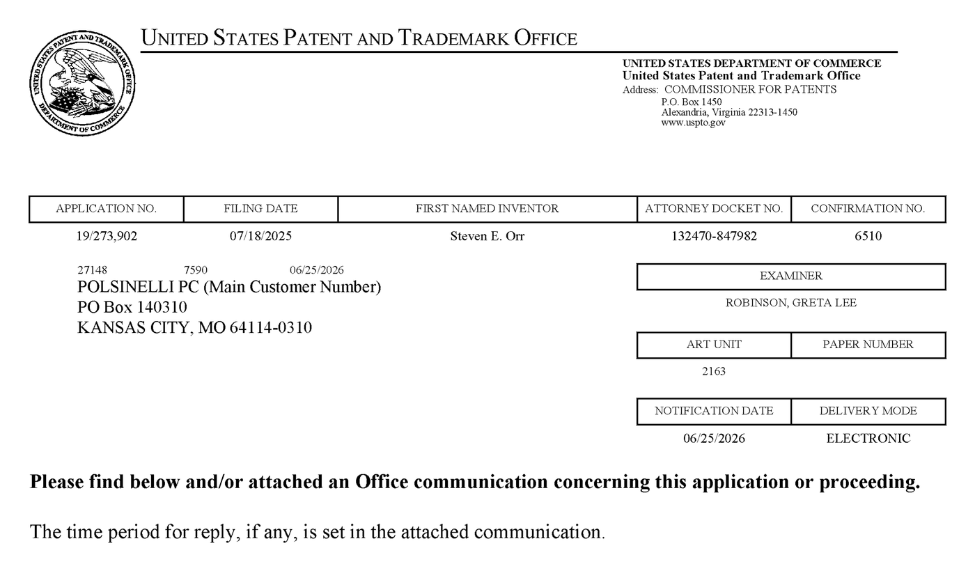 First page of a United States Patent and Trademark Office communication on the application, naming Steven E. Orr as first inventor